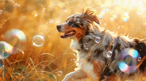 playful australian shepherd chasing soap bubbles fur blurred with excitement digital painting