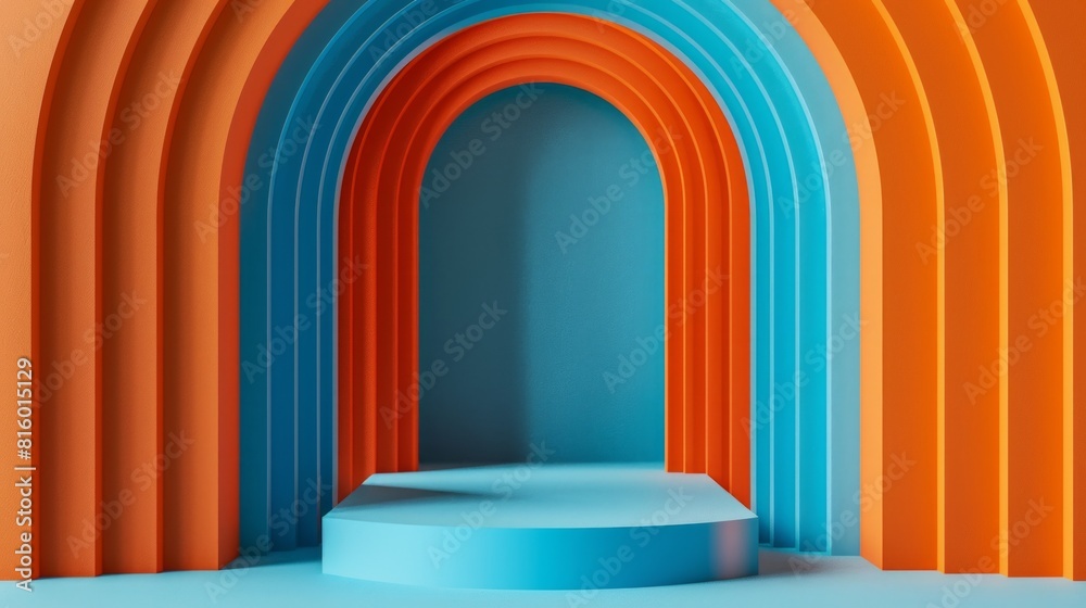 A modern abstract interior with a series of archways in alternating orange and blue colors, leading to a platform. The design is minimalistic and vibrant, creating a visually striking effect A modern abstract interior with a series of archways in alternating orange and blue colors, leading to a platform. The design is minimalistic and vibrant, creating a visually striking effect
