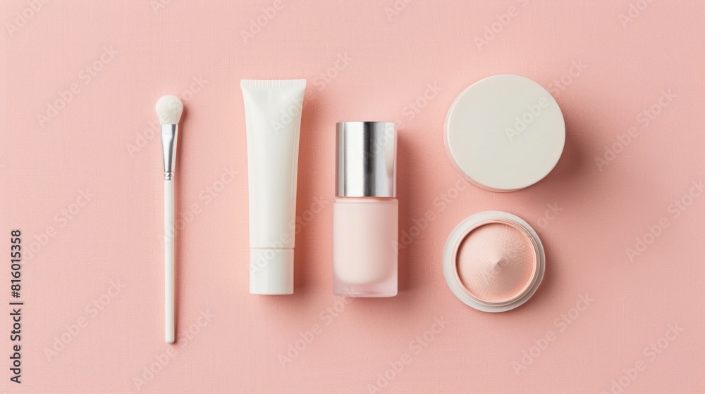 A flat lay of various cosmetic products on a pink background, including a makeup brush, a tube, a bottle, and two round containers A flat lay of various cosmetic products on a pink background, including a makeup brush, a tube, a bottle, and two round containers
