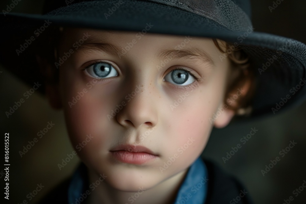 Close-up portrait of a child with striking blue eyes and wearing a stylish hat Close-up portrait of a child with striking blue eyes and wearing a stylish hat