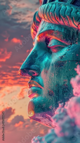 Visionary Rendering of Iconic Statue of Liberty Face with Surreal Technological Details and Atmospheric Clouds