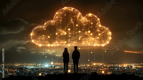back light of IT person looking to the city with the data center cloud network over the city