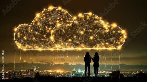 back light of IT person looking to the city with the data center cloud network over the city
