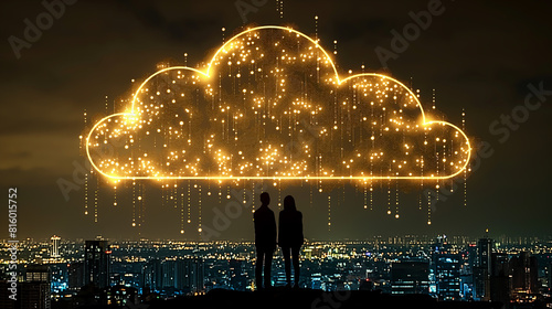 back light of IT person looking to the city with the data center cloud network over the city