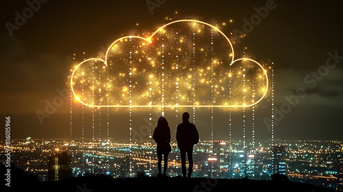 back light of IT person looking to the city with the data center cloud network over the city