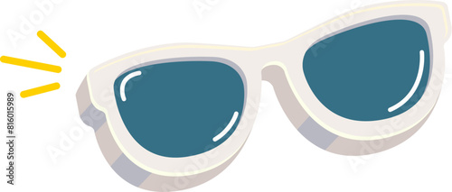 Groovy white retro sunglasses with blue lens isolated on white background. Cartoon funny kids white summer sunglasses icon, label and sign. Cool hipster Sunglasses vector graphic illustration