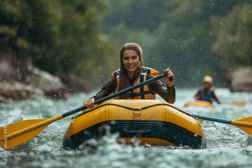 Young attractive sport woman rowing kayak alone in forest lake. Young attractive sport woman rowing kayak alone in forest lake.