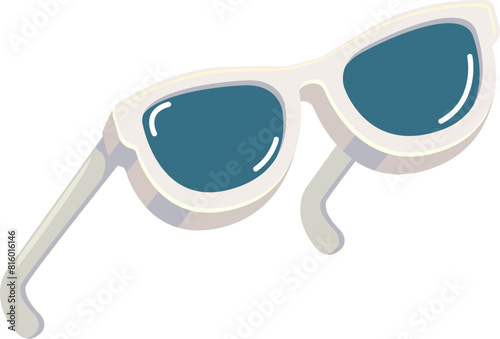 Groovy white retro sunglasses with blue lens isolated on white background. Cartoon funny kids white summer sunglasses icon, label and sign. Cool hipster Sunglasses vector graphic illustration