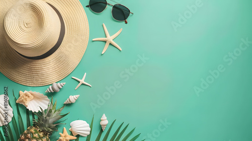 A green background with sunglasses, pineapples, white seashells, straw hats and starfish. Top view, copy space area