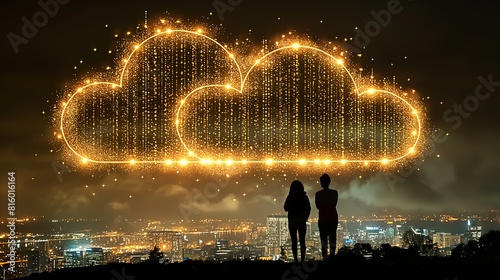 back light of IT person looking to the city with the data center cloud network over the city