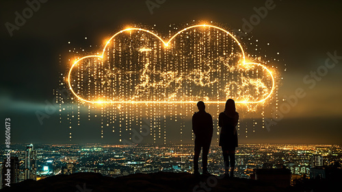 back light of IT person looking to the city with the data center cloud network over the city