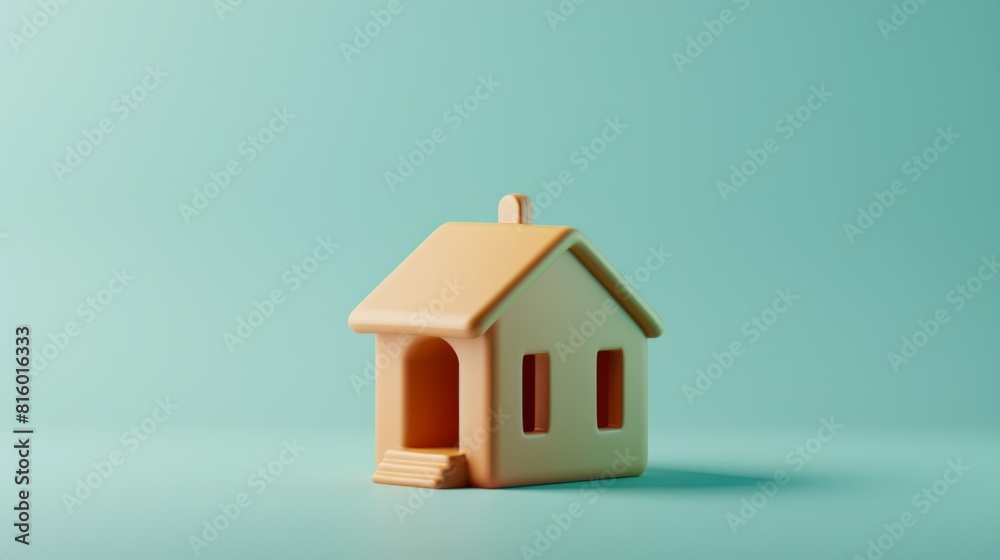 A small, stylized house model in a soft orange color, set against a light turquoise background. The house features a simple design with a triangular roof and a front door A small, stylized house model in a soft orange color, set against a light turquoise background. The house features a simple design with a triangular roof and a front door