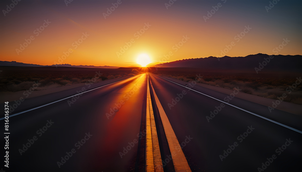 Beautiful low level view of an empty road with mountain in background while sunset or sunrise.