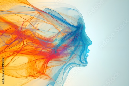Abstract colorful smoke shaped as human head profile on clean background, 3D illustration