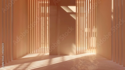A minimalist architectural space with vertical slats casting shadows on the floor. The warm sunlight creates a serene and tranquil atmosphere