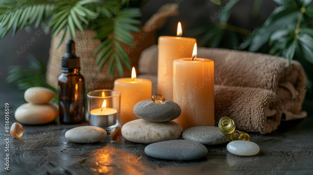 A serene spa scene with candles, stones, and essential oils No text or alphabet on image