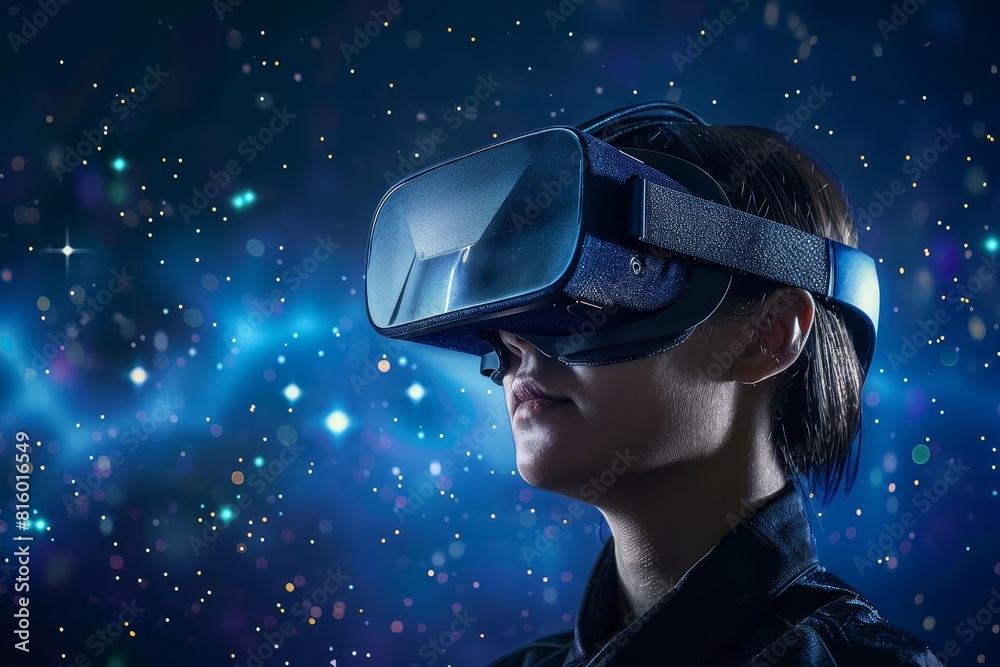 A virtual reality setup with a person fully immersed in a digital world No text or alphabet on image A virtual reality setup with a person fully immersed in a digital world No text or alphabet on image
