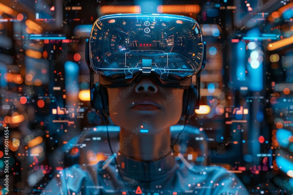A virtual reality setup with a person fully immersed in a digital world No text or alphabet on image A virtual reality setup with a person fully immersed in a digital world No text or alphabet on image