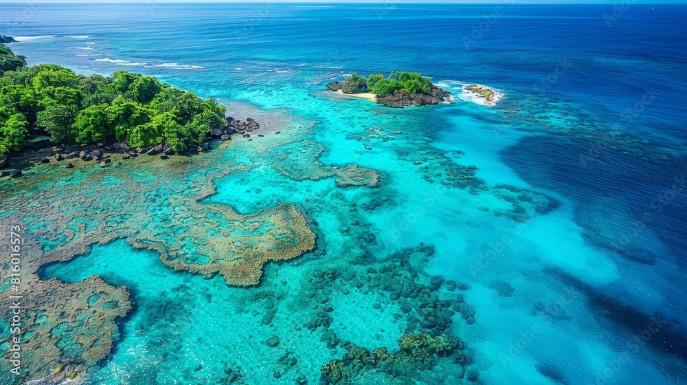 An aerial view of a tropical island with clear blue waters and coral reefs No text or alphabet on image An aerial view of a tropical island with clear blue waters and coral reefs No text or alphabet on image