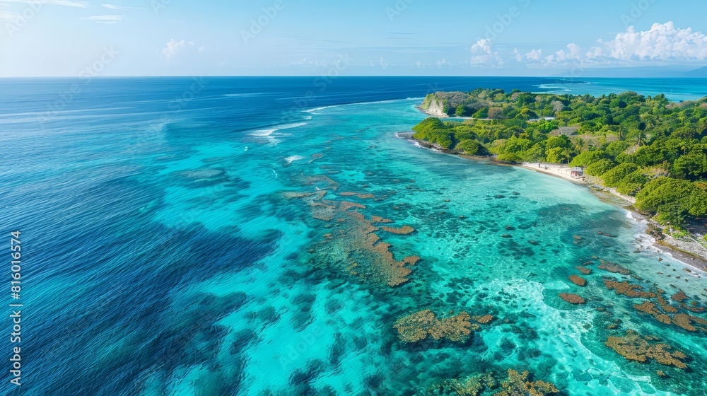 An aerial view of a tropical island with clear blue waters and coral reefs No text or alphabet on image An aerial view of a tropical island with clear blue waters and coral reefs No text or alphabet on image