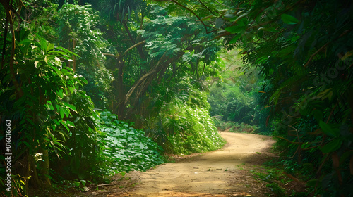 Beautiful path to explore national park Wild nature with green high trees and foliage Alternative eco friendly tourism lifestyle concept vacation destination Environment and nature car : Generative AI photo