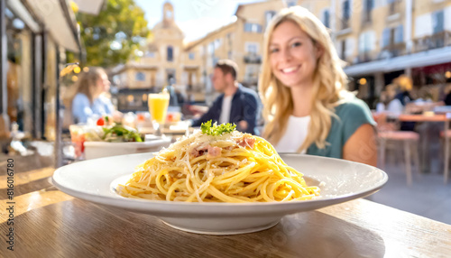 Fototapeta Naklejka Na Ścianę i Meble -  Spaghetti Cabonara, im Hintergrund ein Restaurant mit Gästen