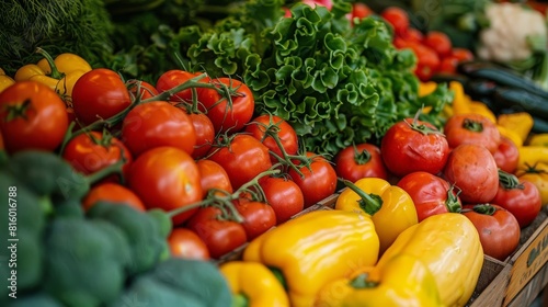 A detailed shot of fresh  vibrant vegetables in a farmers market No text or alphabet on image