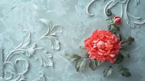 red decorative peony flower on ornamental wall background