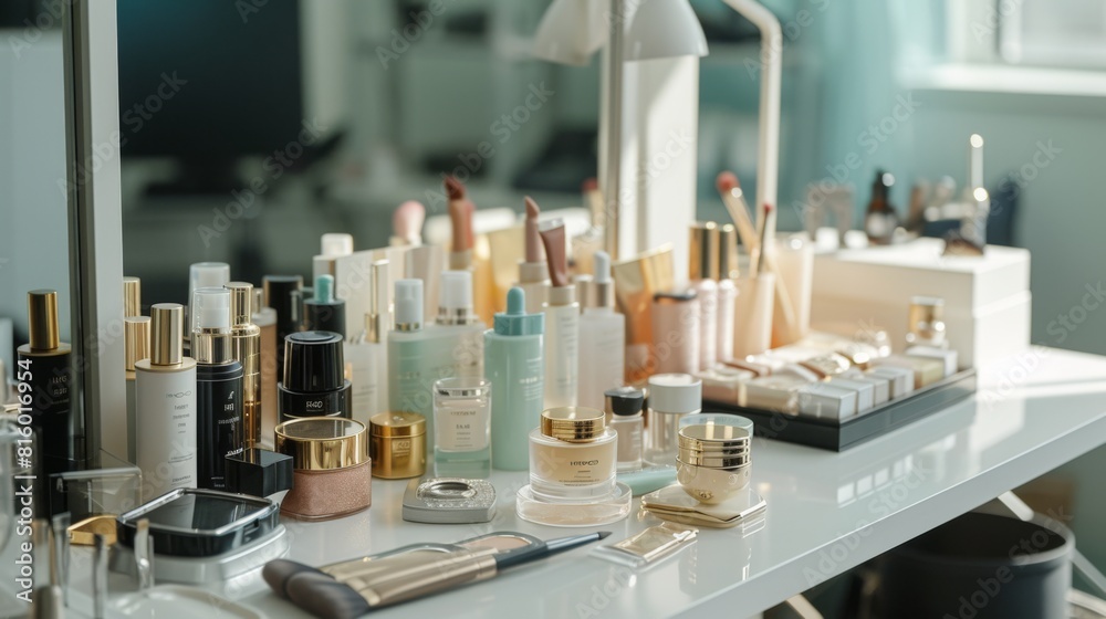 Beauty studio bathed in soft light, with shelves stocked with premium makeup palettes and designer accessories
