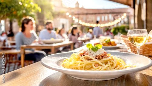 Spaghetti Cabonara, im Hintergrund ein Restaurant mit Gästen photo