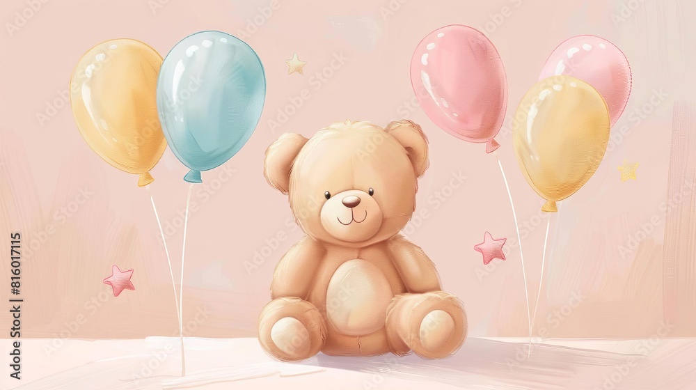 Teddy bear and balloons flat design front view celebration theme cartoon drawing colored pastel Teddy bear and balloons flat design front view celebration theme cartoon drawing colored pastel