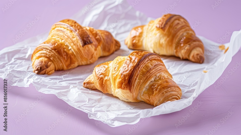 Butter croissants on crumpled white food grade paper with a pastel purple background Butter croissants on crumpled white food grade paper with a pastel purple background