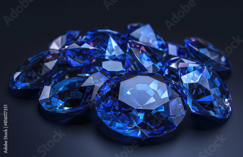 Beautiful sapphire gemstones  arranged in a pile  with a dark blue color. Created with Ai