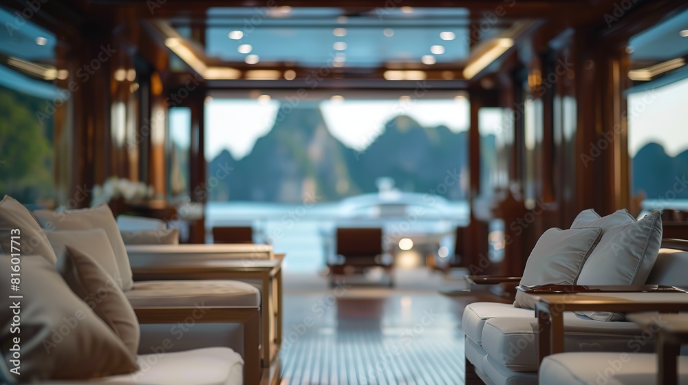 selective focus luxurious blur view living room on cruise ship voyage with river or ocean coastal view, Generative Ai