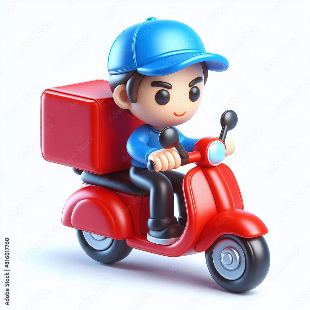 3D icon illustration of a delivery boy dressed in blue driving a red motorbike, app style, on white background 3D icon illustration of a delivery boy dressed in blue driving a red motorbike, app style, on white background