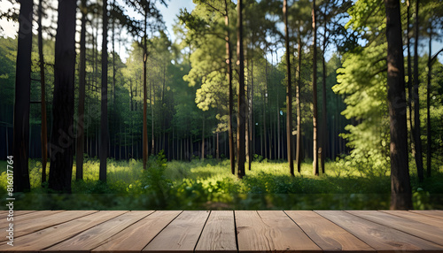 Empty wooden deck with forest ,blurred Beautiful minimalist forest view with blue sky. Generative Ai
