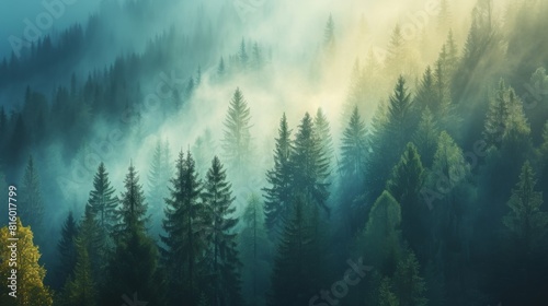 Fog covered forest located in the mountains at dawn  soft light filters through the trees