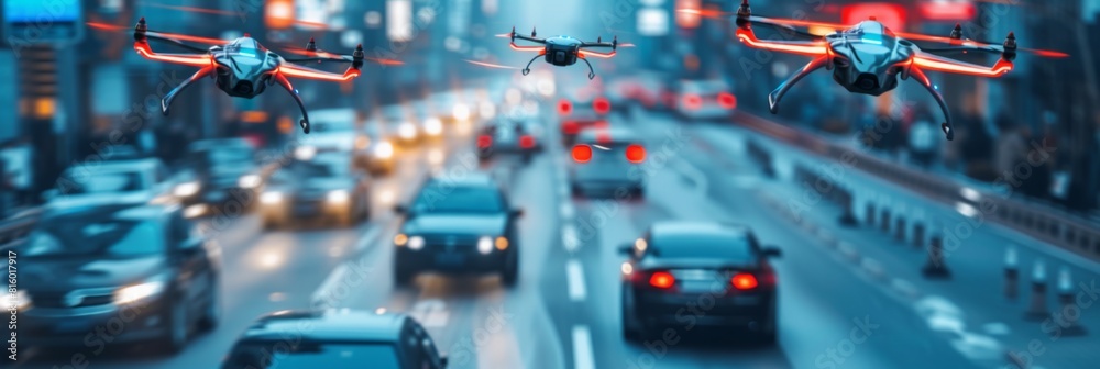 Fleet of autonomous cars moving along city roads, drones performing aerial surveillance