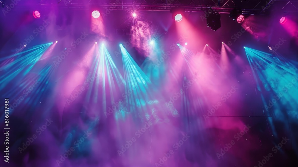 rock concert stage with bright spotlights smoke party atmosphere music event background