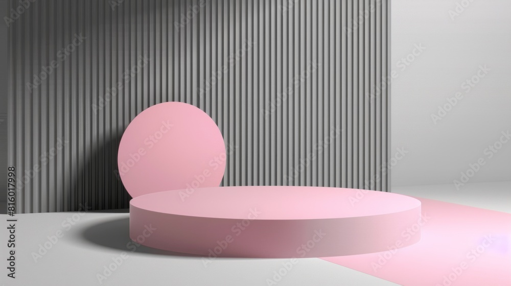 Minimalist pink podium with a round backdrop in a modern, striped setting Minimalist pink podium with a round backdrop in a modern, striped setting