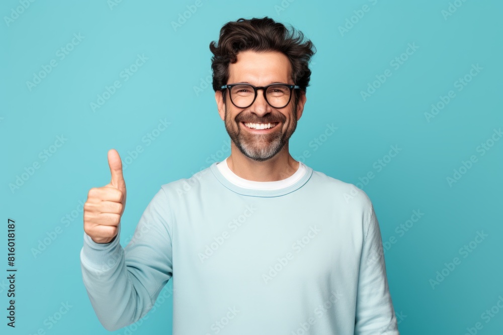 Portrait of a joyful man in his 40s showing a thumb up over soft blue background