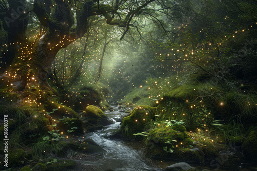 A mystical fairy tale forest illuminated by twinkling fairy lights  with moss-covered rocks  gnarled trees  and hidden glens.