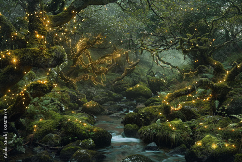 A mystical fairy tale forest illuminated by twinkling fairy lights  with moss-covered rocks  gnarled trees  and hidden glens.