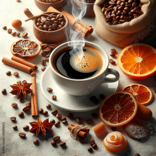 Cup of coffee, breakfast with coffee, steaming coffee, freshly brewed coffee photo