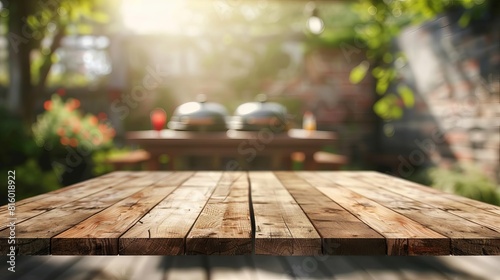 rustic outdoor dining empty wooden table with blurred barbecue scene in background digital illustration