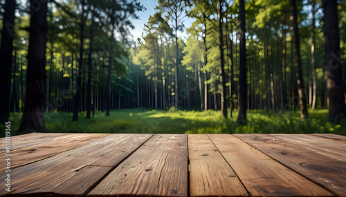 Empty wooden deck with forest  blurred Beautiful minimalist forest view with blue sky. Generative Ai