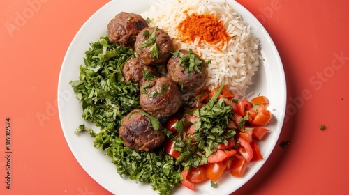 A plate of meatballs served with white rice, chopped tomatoes, and leafy greens on a red background