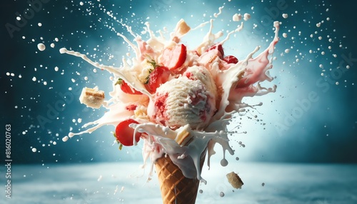 Image of splashing Strawberry Cheesecake flavored ice cream cone with chunks of strawberry photo