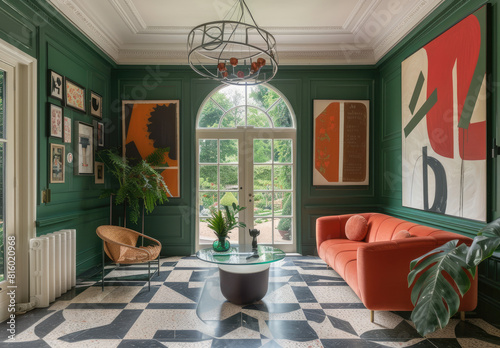 A green living room with an orange sofa, colorful abstract paintings on the wall, white marble floor tiles and a large window overlooking lush plants. Created with Ai