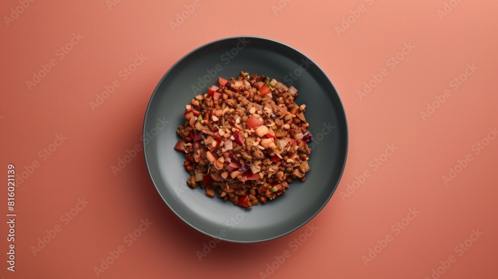 A bowl of colorful, healthy food featuring ground meat, diced vegetables, and nuts, served on a smooth surface with a warm color background A bowl of colorful, healthy food featuring ground meat, diced vegetables, and nuts, served on a smooth surface with a warm color background